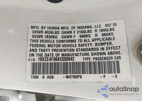 2019 Honda Insight Touring z USA, uszkodzony, nr VIN 19XZE4F96KE000942